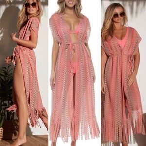 BECCA-Festivale Crochet Cover-Up Robe/Kimono-Size M/L-Coral Multi w/Sparkle